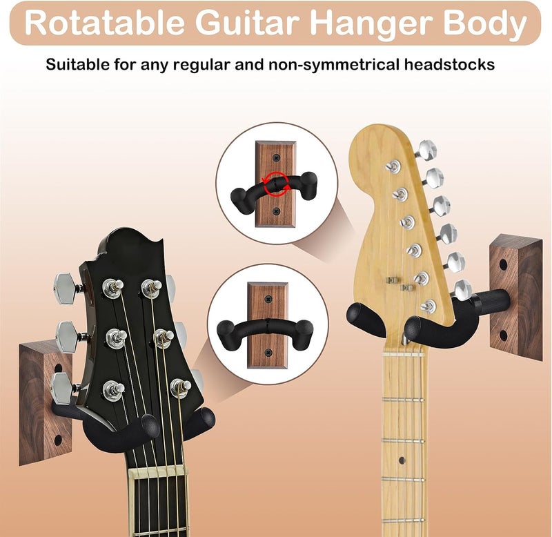 DOMMI Guitar Wall Mount 4 Pack, Guitar Holder with Rotatable Soft Guitar Hook for All Size Guitars, Hardwood U-Shaped Guitar Hanger Wall Mount for Acoustic, Electric Guitar, Bass, Black Walnut - Image 3